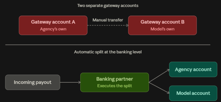 The split happening at the banking level, not as a manual transfer between two separate gateway accounts.